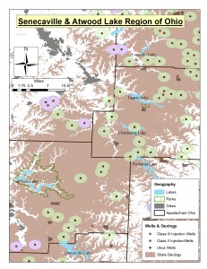 Figure 4. Senecaville & Atwood Lake Region of Ohio’s shale geology, state parks, Utica Shale and Class II/III wells (Note: Pink & Green Circles represent 1 mile radius around Utica Shale and Class III Wells). - Click to enlarge