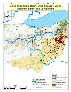 Figure 2. Ohio’s lakes, wetlands, and vernal pools relative to its Utica Shale and Class II/III injection wells - Click to enlarge