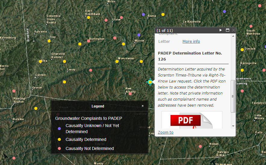 In this screen capture, the popup box for the first of eleven complaints mapped at this location is shown.  In order to access the determination letter, the user must simply click on the PDF logo.