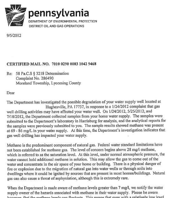 A portion of one of the determination letters sent by PADEP to a landowner in response to a complaint about groundwater.  Click the image to access the full PDF file.