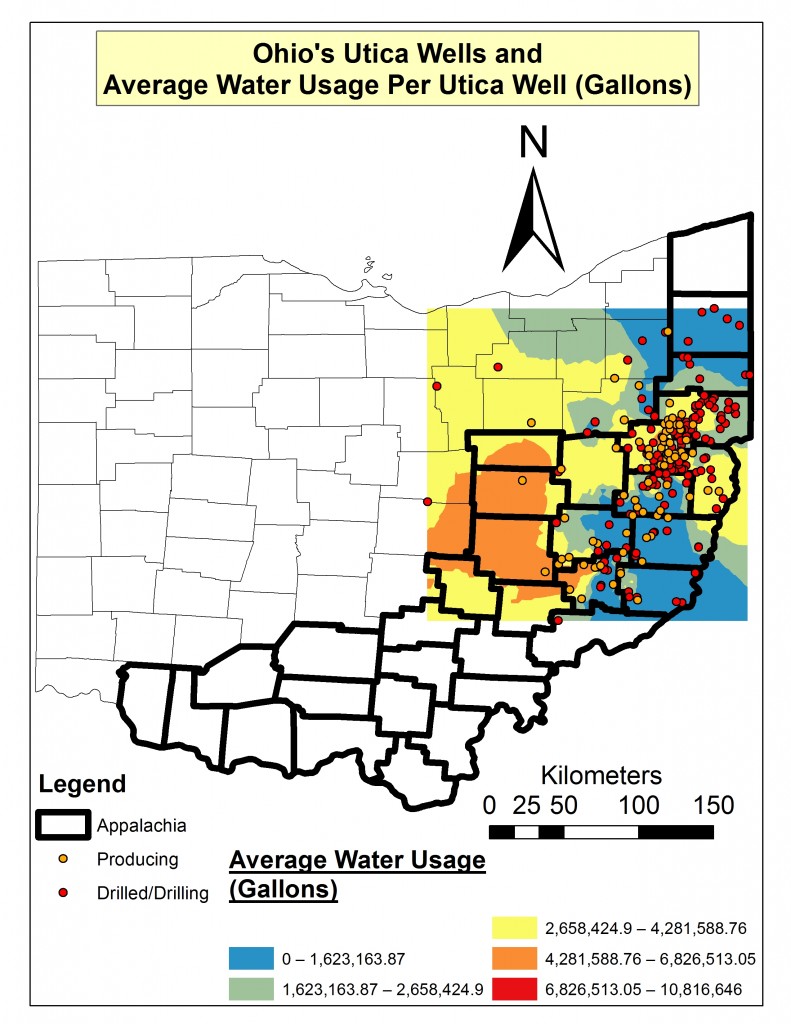 Ohio’s drilling, drilled, and producing Utica wells and average water usage per well interpolation.