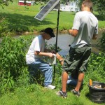 Collecting water monitoring data with data loggers. Photo by Evergreen Conservancy