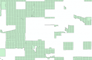 Areas in green show PLSS Sections in North-Central New Mexico.  Areas in white were not gridded out as a part of the survey.