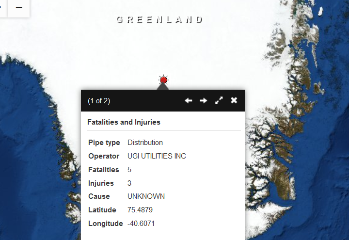 This fatal pipeline incident was in Allentown, PA, but was given coordinates in Greenland.