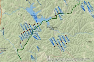 Map of Senaca Lake, OH frackwater truck accident between January 20th and 27th, 2014. Map of the area including producing or drilled Antero wells (Red Points) and laterals along with State Route 147