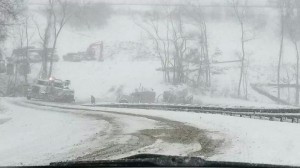 Image of accident involving truck carrying freshwater for fracking between January 20th and 27th of 2014 during snowstorm adjacent to Seneca Lake, Noble and Guernsey Counties, Ohio adjacent to Antero pad off State Route 147