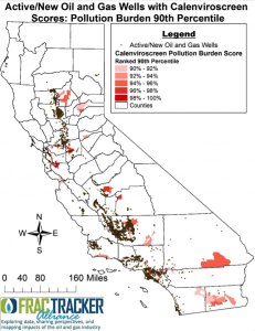 Figure 2. CalEnviroscreen 2.0 highest 20th percentile of census tracts with the most pollution burden from various sources. The census tract scores are overlaid with active oil and gas wells.