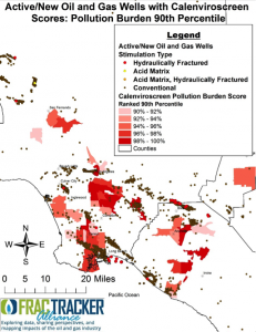 Figure 3. Focuses on the Greater Los Angeles Basin, and shows the CalEnviroscreen 2.0 highest 20th percentile of census tracts with the most pollution burden from various sources.  The census tract scores are overlaid with active oil and gas wells. The map shows that many of the areas most impacted by existing pollution also host much of the oil and gas extraction activity.