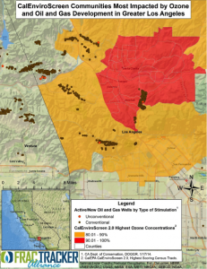 Figure 4. Focus on Los Angeles County, with some of the highest ranking scores for Ozone pollution.  As shown in the map, these areas also host and are surrounded by many oil/gas wells.