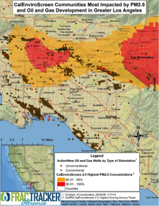 Figure 5. Focus on the Greater Los Angeles Basin. Shows the CalEnviroscreen 2.0 highest 20th percentile of census tracts with the worst air quality impacts resulting from particulate matter (PM2.5) pollution.  The census tract scores are overlaid with active oil and gas wells.  The map shows that many of the areas most impacted by PM2.5 also host much of the oil and gas extraction activity.