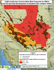 Figure 6. Focus on Kern County in the Central San Joaquin Valley. Shows the CalEnviroscreen 2.0 highest 20th percentile of census tracts with the worst air quality impacts resulting from particulate matter (PM2.5) pollution.  The census tract scores are overlaid with active oil and gas wells.  The map shows that many of the areas most impacted by PM2.5 also host much of the oil and gas extraction activity.