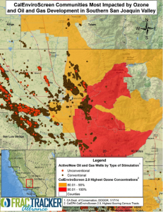 Figure 7. Focuses on the areas of Kern County with the CalEnviroscreen 2.0 highest 20th percentile of census tracts with the worst air quality impacts resulting from ambient ozone pollution. Census tract scores are overlaid with active oil and gas wells.  The map shows that many of the areas most impacted by ozone also host much of the oil and gas extraction activity.