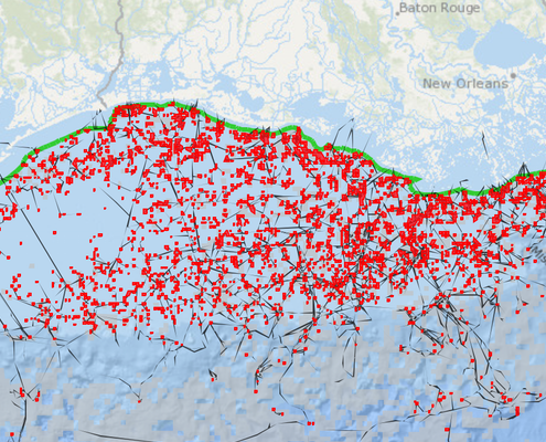 Map of pipelines, platforms, and active oil and gas leases in the Gulf of Mexico