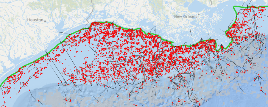 Map of pipelines, platforms, and active oil and gas leases in the Gulf of Mexico