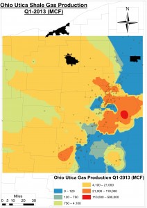 An Ohio Utica Shale gas production model for Q1-2013 using an interpolative Geostatistical technique called Empirical Bayesian Kriging.