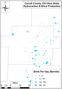 Spatial distribution of Carroll County Utica Shale brine (barrels) production on a per-day basis