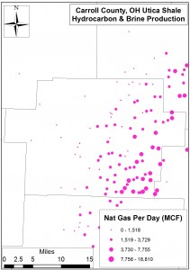 Spatial distribution of Carroll County Utica Shale natural gas (MCF) production on a per-day basis