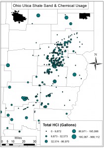 Spatial distribution of OH Utica Shale total Hydrochloric Acid (HCl, gallons)