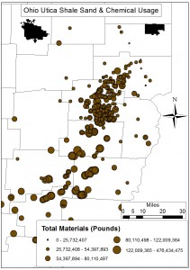 Spatial distribution of OH Utica Shale total materials used (Pounds)