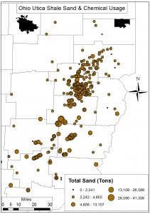 Spatial distribution of OH Utica Shale total Silica Sand (Tons)