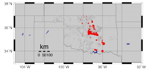 Triangles represent wastewater injection wells scaled to reflect maximum pressure. Wells with high pressures are not necessarily near earthquakes.