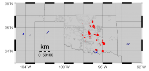 Triangles represent wastewater injection wells scaled to reflect maximum volume rates. Wells with high volumes are located near earthquakes.