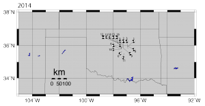 Beach ball diagrams of 16 of the largest earthquakes in Oklahoma in 2014, all showing similar focal mechanisms, which is indicative of induced seismicity.