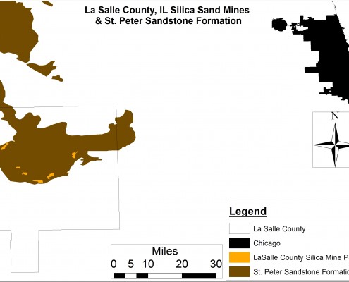Figure 2. A map of the LaSalle County frac sand mines and associated St. Peter sandstone formation along with the city of Chicago for some geographic perspective.