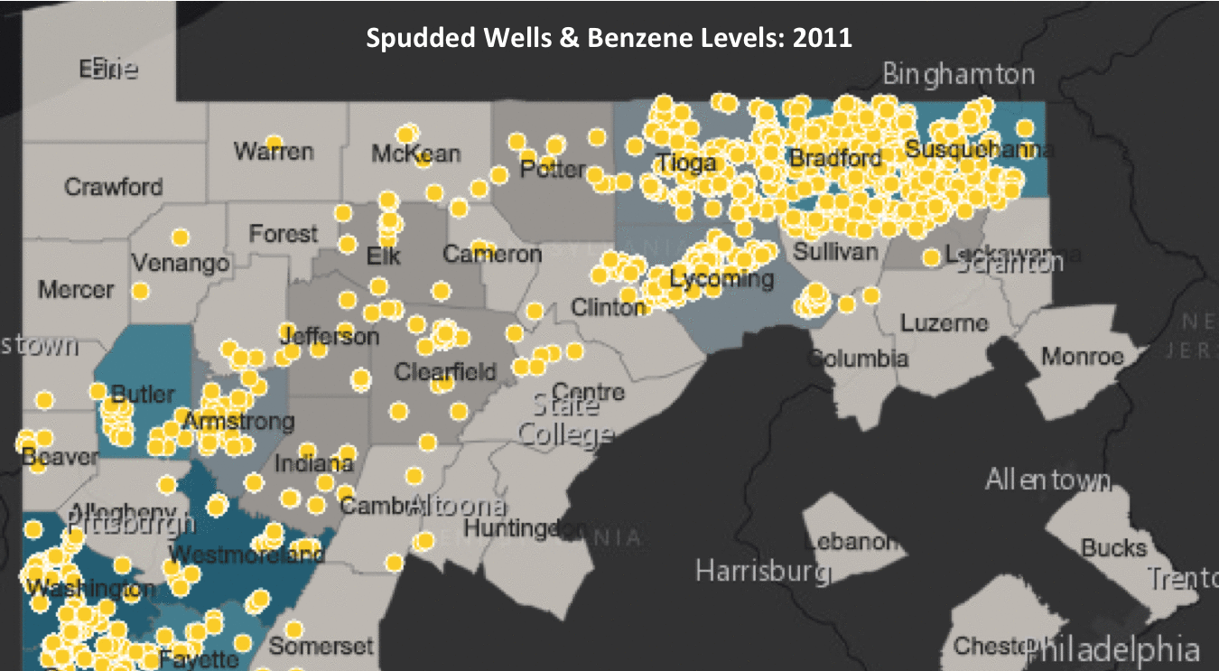 Spudded wells in PA with reported benzene emissions by county 2011-13
