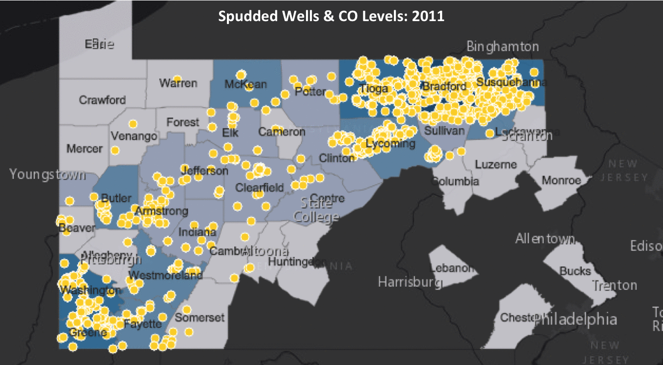 Spudded wells in PA with reported CO emissions by county 2011-13