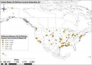 United States Oil Refinery Income Disparities (Note: Larger points indicate oil refinery census tracts that earn less than the surrounding region or city)