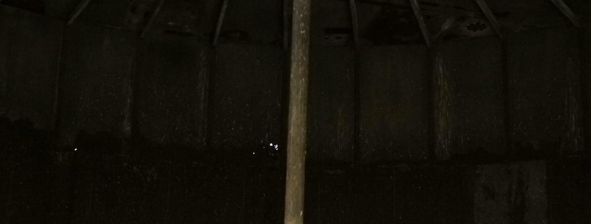 Inside an oil holding tank that dates back to the 1980’s North Dakota boom. You can see the corrosion that has worn down the steel structure over the years. Keene, North Dakota. Photo by David Nix 2015