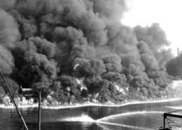 Cuyahoga River on fire - Photo by Cleveland State Univ Library