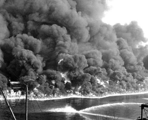 Cuyahoga River on fire - Photo by Cleveland State Univ Library