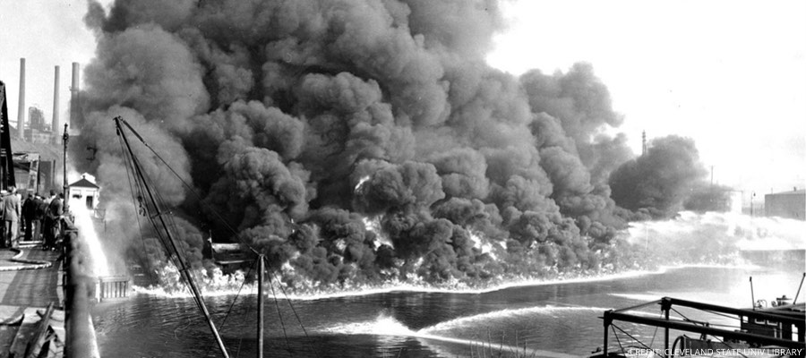 Cuyahoga River on fire - Photo by Cleveland State Univ Library