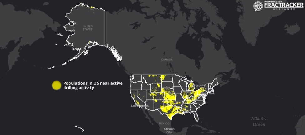 US map of populations near active drilling activity