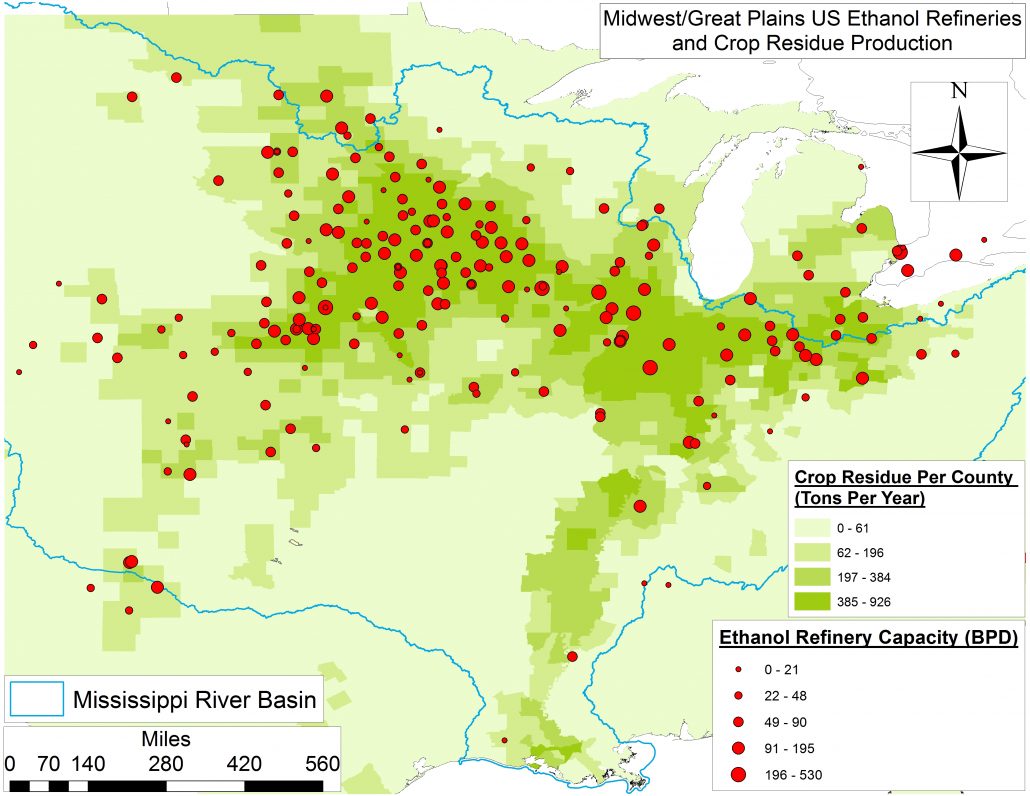 Midwest/Great Plains US Ethanol Refineries and Crop Residue Production