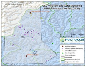 Map of O&G violations and monitoring near Bell Township, PA. Susquehanna River Basin project
