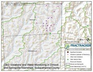 Map of O&G violations and water monitoring near Dimock, PA