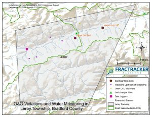 Map of O&G Violations and monitoring near Leroy Township, PA