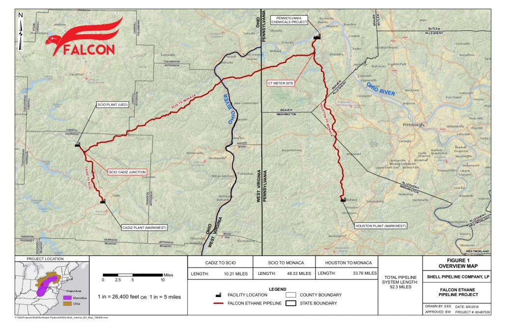 Figure 3: The Falcon Pipeline, which would be used to transport ethane to the cracker in Beaver County. At 92.3 miles long, it consists of two “legs,” starting from Scio and Cadiz, Ohio and Houston, PA, respectively, and extending up to the site of Shell’s ethane cracker. Credit: Shell Pipeline Company LP. 