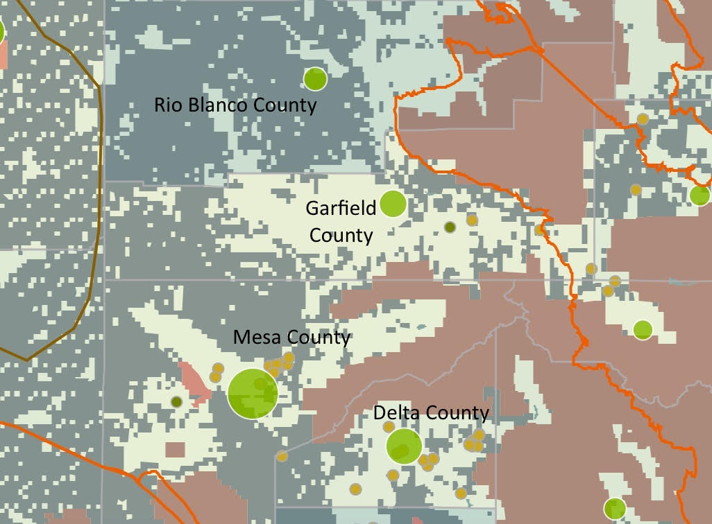 Colorado: zoom into 3 of top agricultural producing and natural gas producing counties in Colorado, illustrating how they are surrounded by public lands.