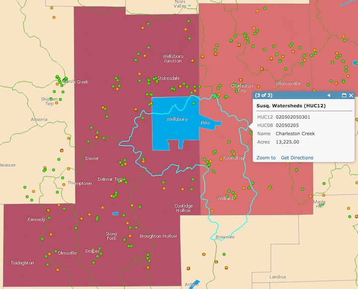 Figure 6: Wellsboro, PA, public water supply along with O&G wells and water-related citizen complaints in the supply watershed.