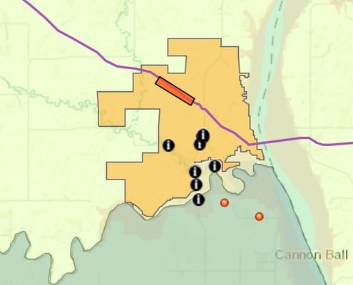 Map of the Standing Rock protest - Oil is flowing through the DAPL, but the Standing Rock Lakota Sioux Tribe have challenged the permit and are petitioning for the release of Chase Iron Eyes