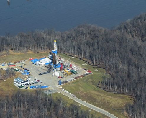 Aerial image of fracking activity in Marshall County, WV, next to the Ohio River on January 26th, 2018 from approximately 1,000 to 1,200 feet, courtesy of a partnership with SouthWings and pilot Dave Warner. The camera we used was a Nikon D5300. Photo by Ted Auch, FracTracker Alliance, January 2018