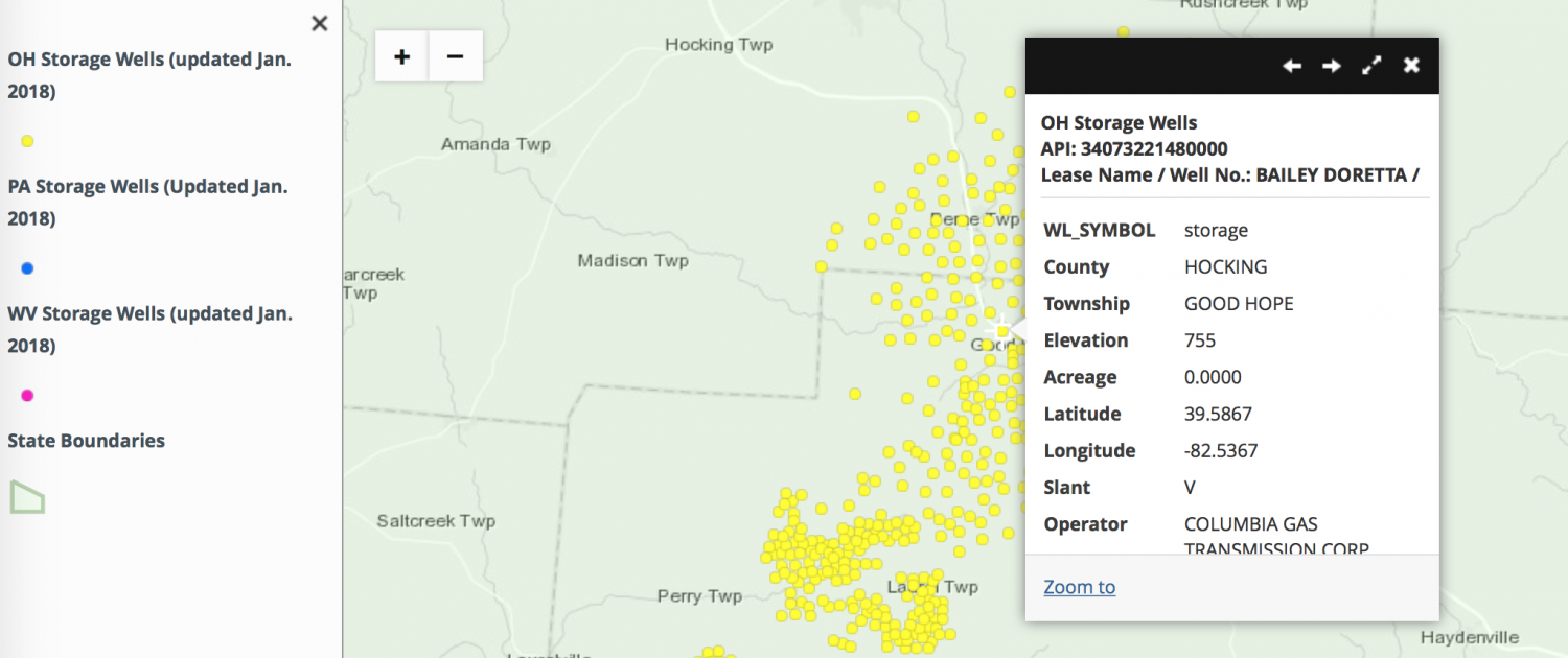 Screenshot of the Upper Appalachian Gas Storage Wells map, zoomed in