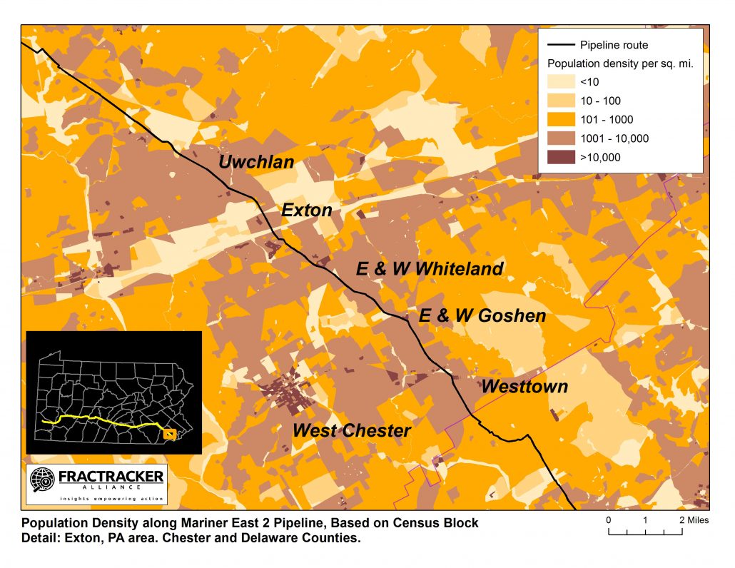 Figure 2. Population density in Exton area. Map courtesy of FracTracker Alliance. Location annotations added by G. Alexander.
