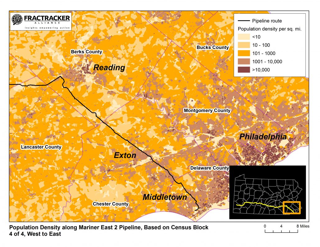 Figure 1. Population density in southeastern Pennsylvania. Map courtesy of FracTracker Alliance. Location annotations added by G. Alexander.