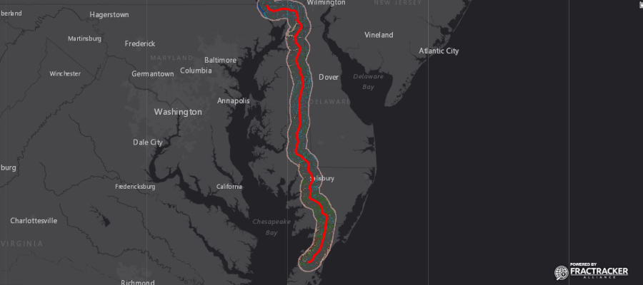 The proposed route for the Delmarva Pipeline. Map courtesy of FracTracker Alliance.