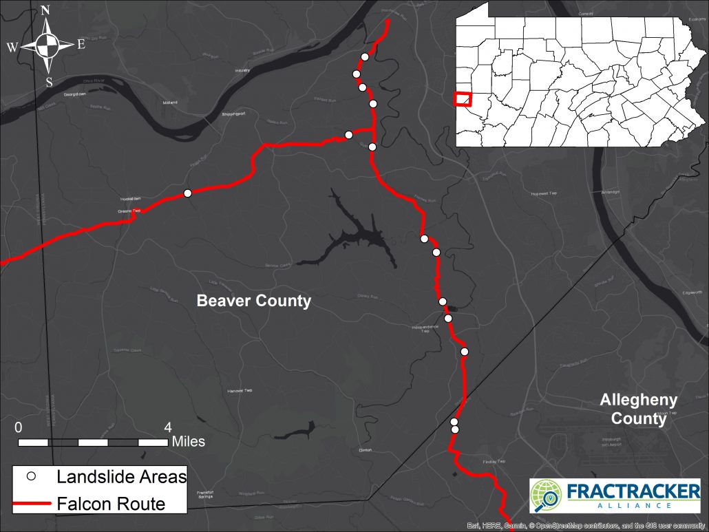 A map of landslide prone areas along the Falcon Pipeline route